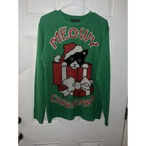 Blitzen & Company Meowy Christmas Ugly Sweater with Cat and Gift Size M